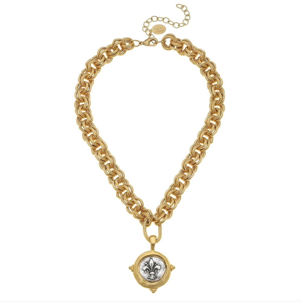 SUSAN SHAW MIXED METAL FLEUR-DE-LIS INTAGLIO DOUBLE LINKED CHAIN NECKLACE